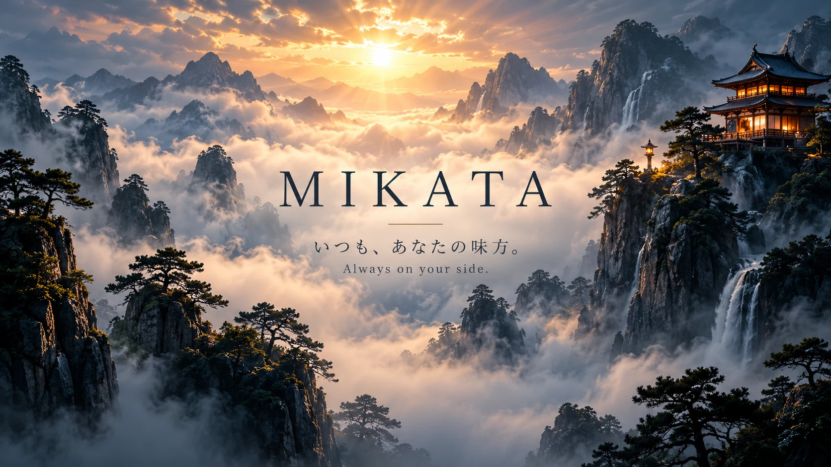 MIKATA. いつも、あなたの味方。 Always on your side. Рассвет над горами, море облаков и освещённый японский храм на скале.